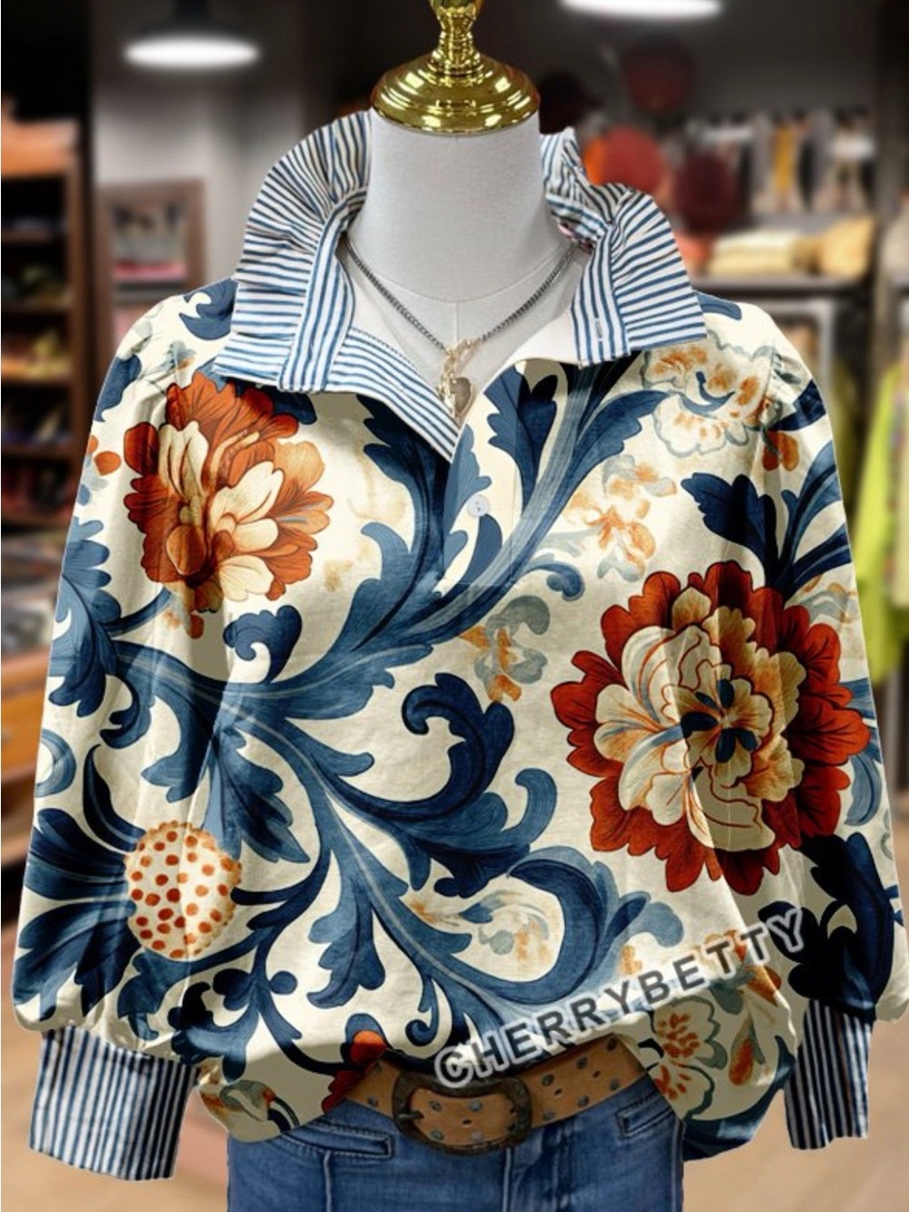 Striped-Collar Floral Scroll Blouse in Blue, Cream & Rust